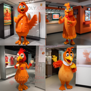 Orange Rooster mascot costume character dressed with a Shift Dress and Mittens