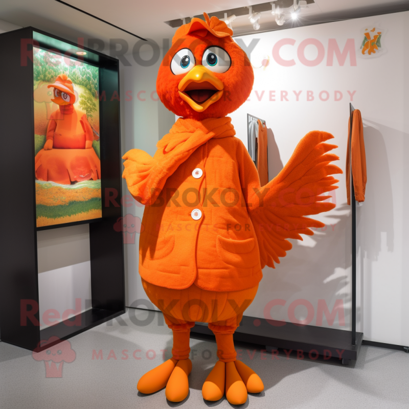 Orange Rooster mascot costume character dressed with a Shift Dress and Mittens