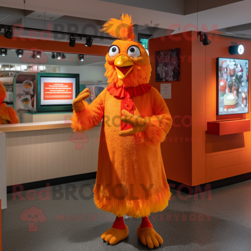 Orange Rooster mascot costume character dressed with a Shift Dress and Mittens