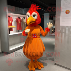 Orange Rooster mascot costume character dressed with a Shift Dress and Mittens