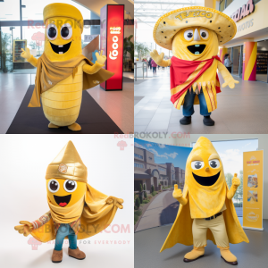 Gold Tacos mascot costume character dressed with a Flare Jeans and Scarves
