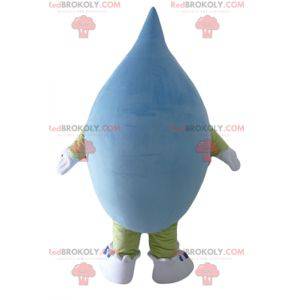 Mascotte gigante di goccia blu e verde molto sorridente -