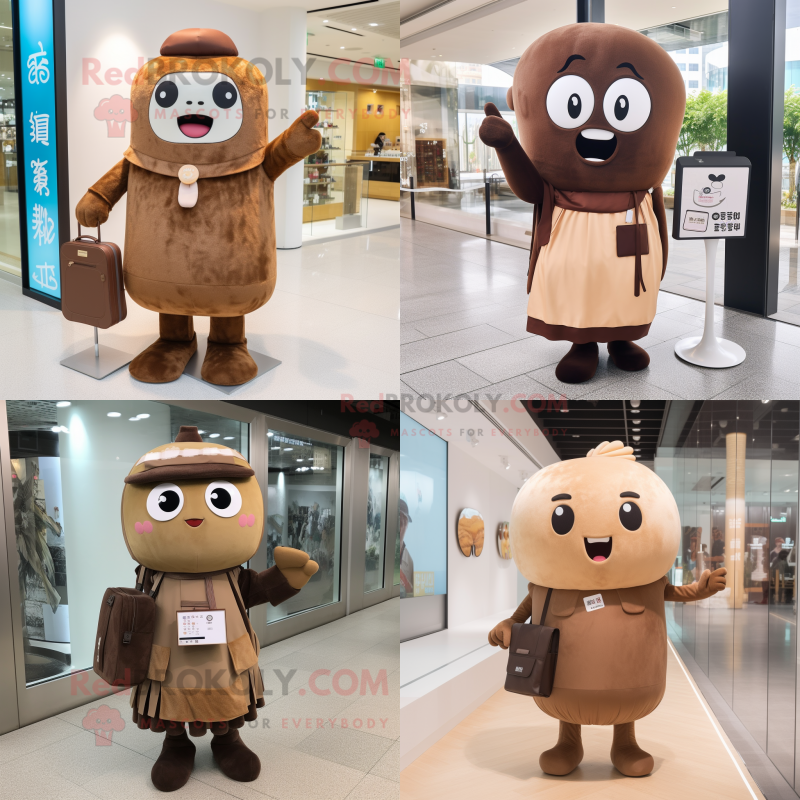 Brown Miso Soup mascot costume character dressed with a Shift Dress and Messenger bags