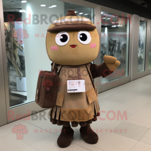 Brown Miso Soup mascot costume character dressed with a Shift Dress and Messenger bags