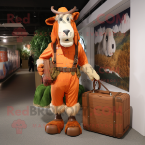 Orange Boer Goat mascot costume character dressed with a Cargo Pants and Handbags