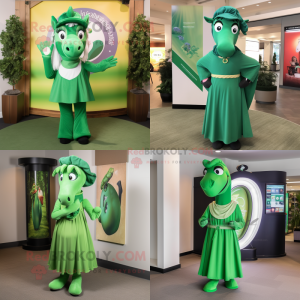 Green Horseshoe mascot costume character dressed with a Wrap Dress and Tie pins