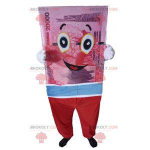 Mascote gigante da nota de banco rosa azul e vermelho -