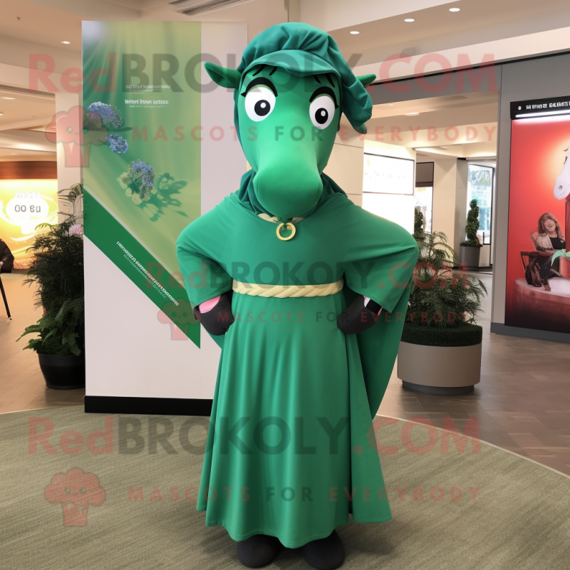 Green Horseshoe mascot costume character dressed with a Wrap Dress and Tie pins