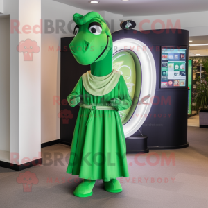 Green Horseshoe mascot costume character dressed with a Wrap Dress and Tie pins