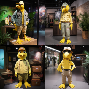 Lemon Yellow Crow mascot costume character dressed with a Cargo Pants and Hats