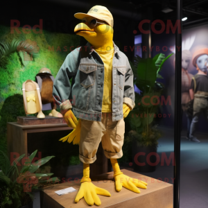 Lemon Yellow Crow mascot costume character dressed with a Cargo Pants and Hats