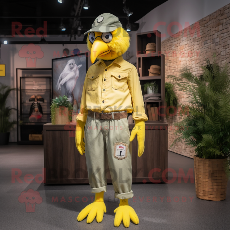 Lemon Yellow Crow mascot costume character dressed with a Cargo Pants and Hats Lemon Yellow Crow mascot costume character dressed with a Cargo Pants and Hats
