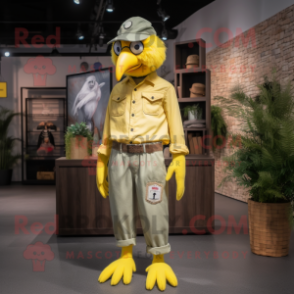 Lemon Yellow Crow mascot costume character dressed with a Cargo Pants and Hats