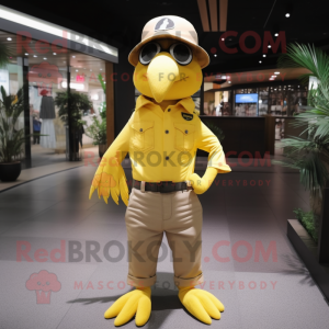 Lemon Yellow Crow mascot costume character dressed with a Cargo Pants and Hats