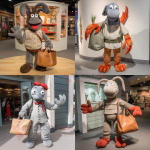 Gray Lobster Bisque mascot costume character dressed with a Corduroy Pants and Tote bags