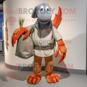 Gray Lobster Bisque mascot costume character dressed with a Corduroy Pants and Tote bags