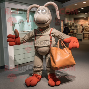 Gray Lobster Bisque mascot costume character dressed with a Corduroy Pants and Tote bags