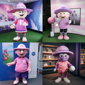 Lavender Pink mascot costume character dressed with a Rugby Shirt and Hat pins