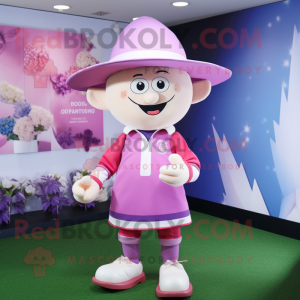 Lavender Pink mascot costume character dressed with a Rugby Shirt and Hat pins