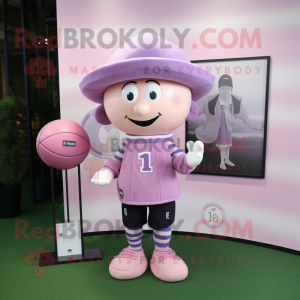 Lavender Pink mascot costume character dressed with a Rugby Shirt and Hat pins