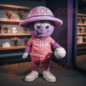 Lavender Pink mascot costume character dressed with a Rugby Shirt and Hat pins