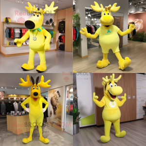 Lemon Yellow Moose mascot costume character dressed with a Yoga Pants and Shoe clips
