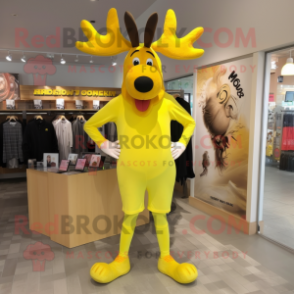 Lemon Yellow Moose mascot costume character dressed with a Yoga Pants and Shoe clips