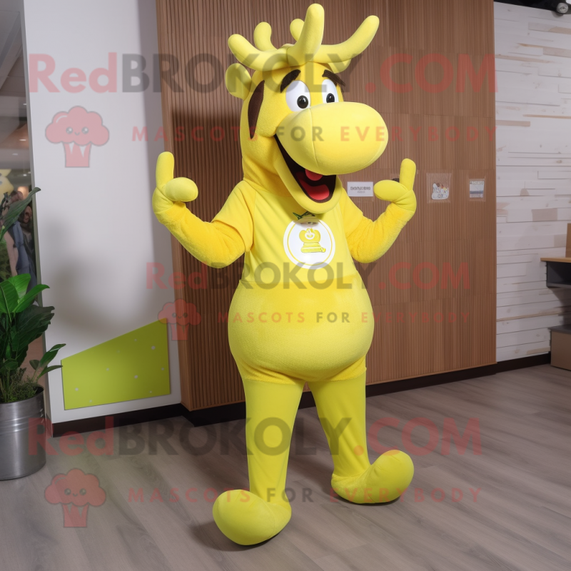 Lemon Yellow Moose mascot costume character dressed with a Yoga Pants and Shoe clips Lemon Yellow Moose mascot costume character dressed with a Yoga Pants and Shoe clips
