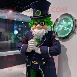 Navy Leprechaun mascot costume character dressed with a Jacket and Smartwatches