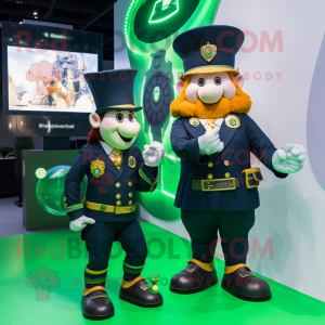 Navy Leprechaun mascot costume character dressed with a Jacket and Smartwatches