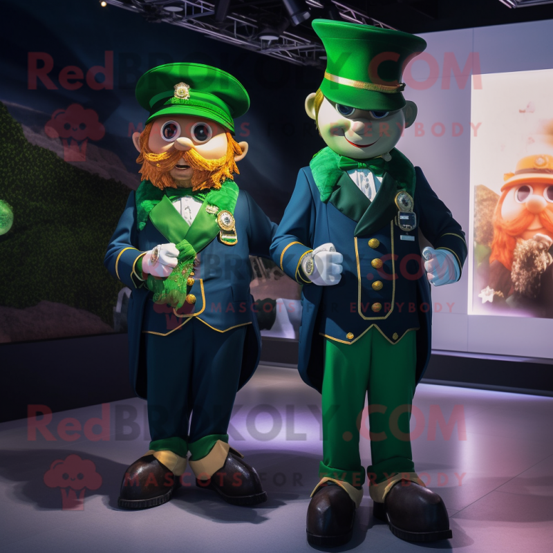 Navy Leprechaun mascot costume character dressed with a Jacket and Smartwatches Navy Leprechaun mascot costume character dressed with a Jacket and Smartwatches