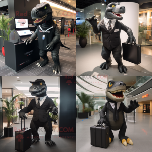 Black Tyrannosaurus mascot costume character dressed with a Trousers and Briefcases