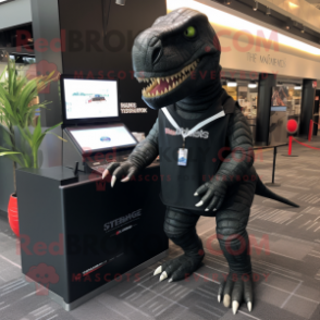 Black Tyrannosaurus mascot costume character dressed with a Trousers and Briefcases