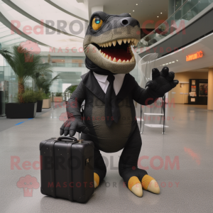 Black Tyrannosaurus mascot costume character dressed with a Trousers and Briefcases