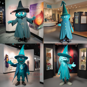 Teal Witch'S Hat mascot costume character dressed with a Romper and Tie pins
