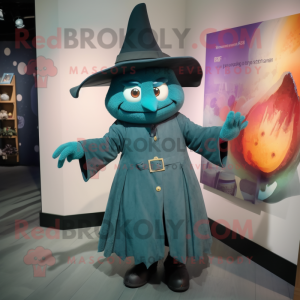 Teal Witch'S Hat mascot costume character dressed with a Romper and Tie pins