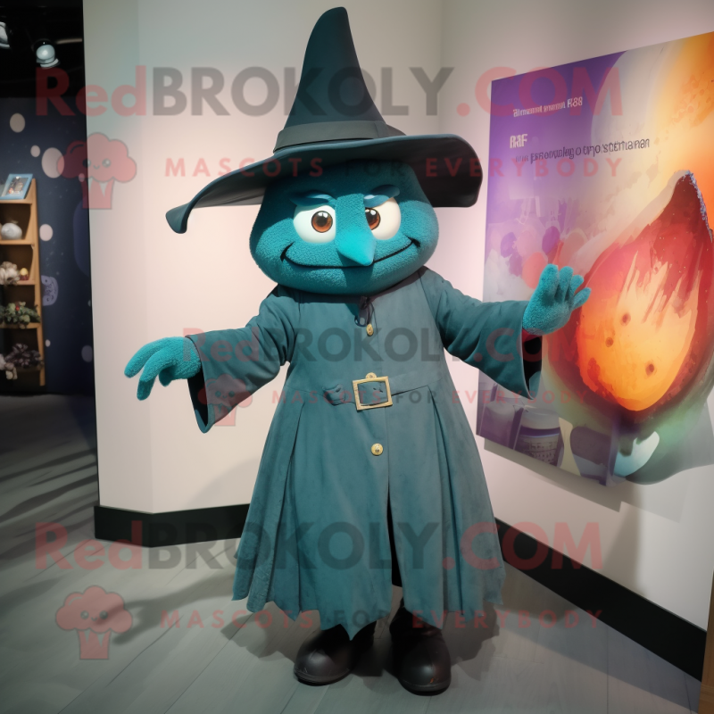 Teal Witch'S Hat mascot costume character dressed with a Romper and Tie pins