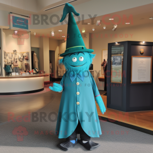 Teal Witch'S Hat mascot costume character dressed with a Romper and Tie pins