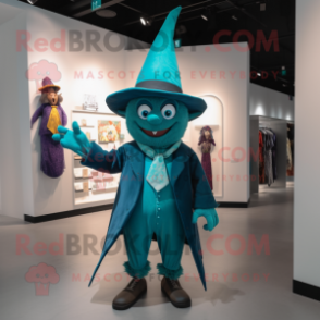 Teal Witch'S Hat mascot costume character dressed with a Romper and Tie pins