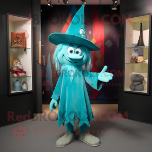 Teal Witch'S Hat mascot costume character dressed with a Romper and Tie pins