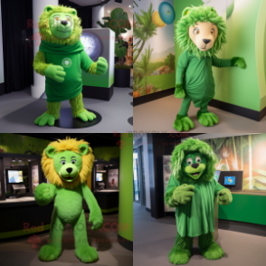 Green Lion mascot costume character dressed with a Leggings and Shawl pins