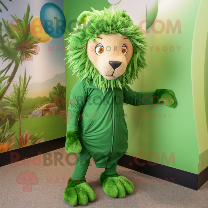 Green Lion mascot costume character dressed with a Leggings and Shawl pins Green Lion mascot costume character dressed with a Leggings and Shawl pins