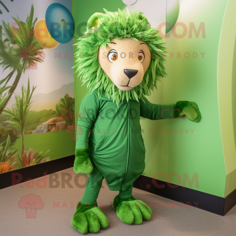 Green Lion mascot costume character dressed with a Leggings and Shawl pins