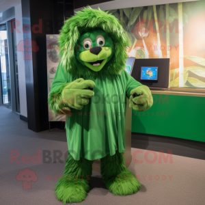 Green Lion mascot costume character dressed with a Leggings and Shawl pins