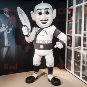 White Knife Thrower mascot costume character dressed with a Rugby Shirt and Cufflinks