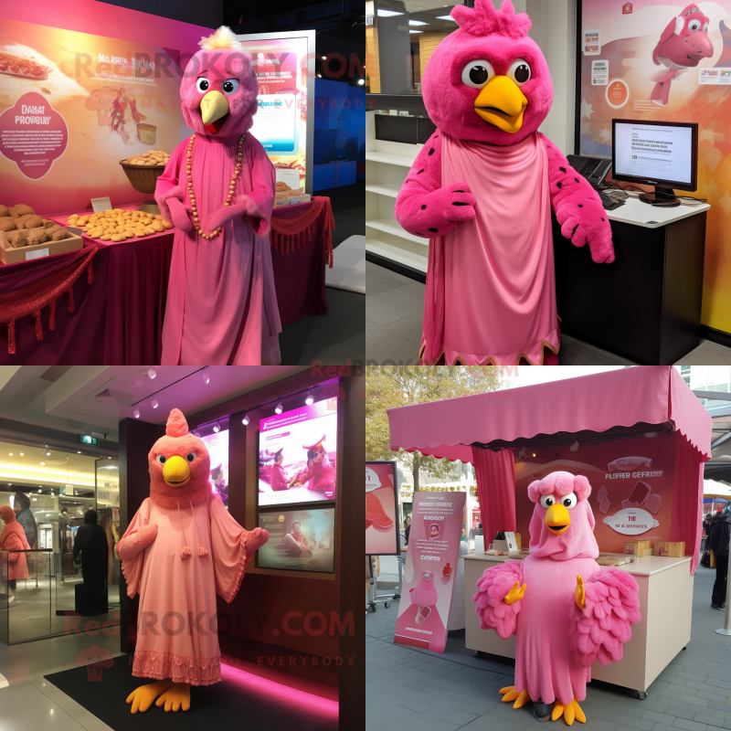Pink Butter Chicken mascot costume character dressed with a Cover-up and Earrings Pink Butter Chicken mascot costume character dressed with a Cover-up and Earrings