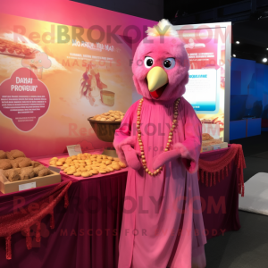 Pink Butter Chicken mascot costume character dressed with a Cover-up and Earrings