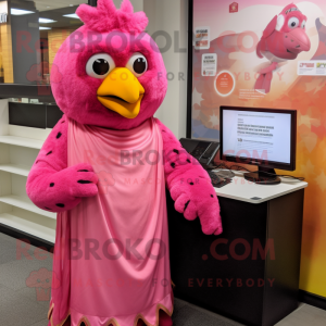 Pink Butter Chicken mascot costume character dressed with a Cover-up and Earrings