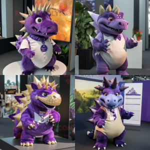 Purple Stegosaurus mascot costume character dressed with a Oxford Shirt and Brooches