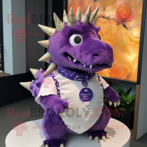 Purple Stegosaurus mascot costume character dressed with a Oxford Shirt and Brooches